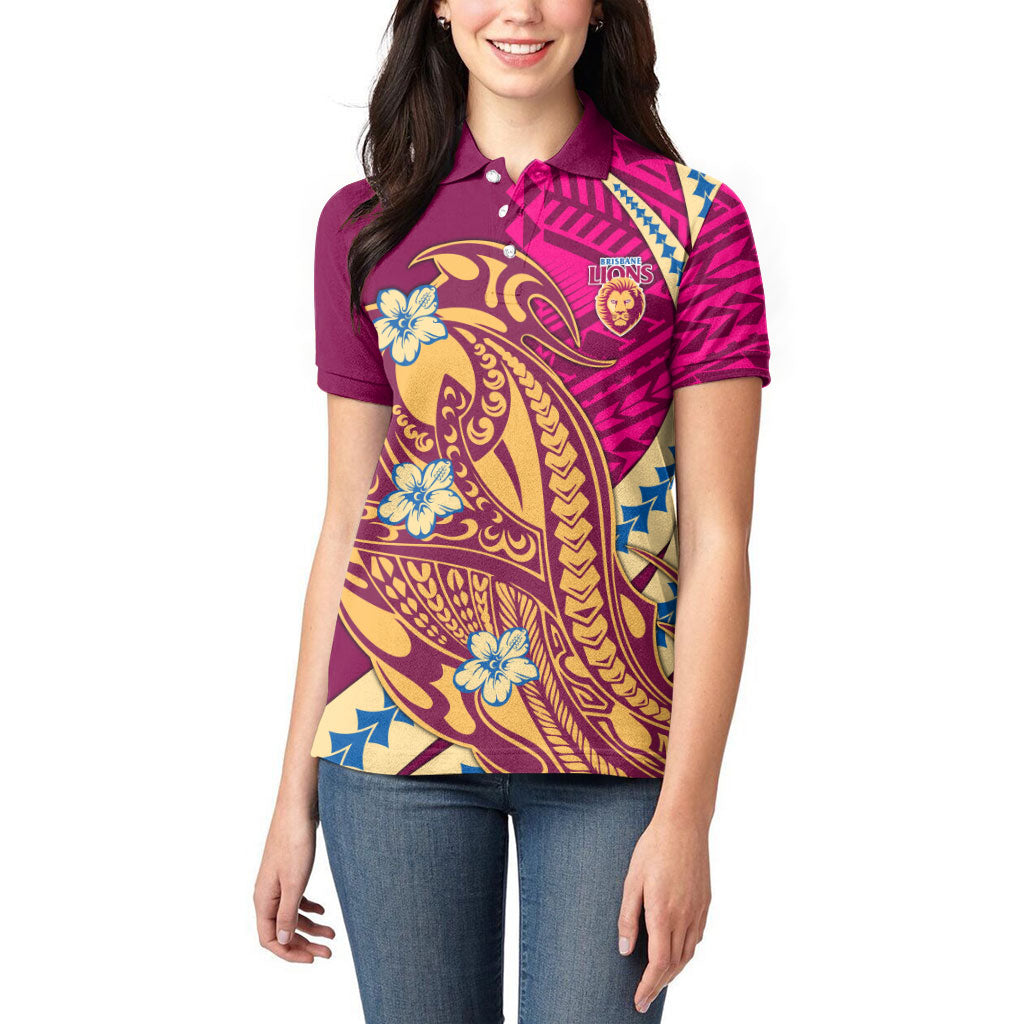 Personalized Brisbane Lions Women Polo Shirt Polynesian Tribal Lion Mascot With Hibiscus Floral Art