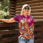 Personalized Brisbane Lions Women Polo Shirt Polynesian Tribal Lion Mascot With Hibiscus Floral Art