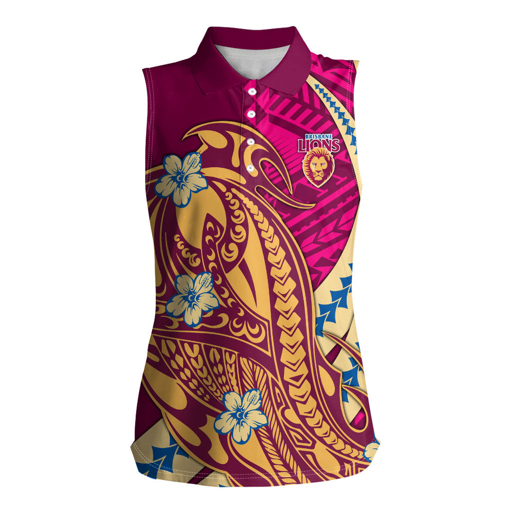 Personalized Brisbane Lions Women Sleeveless Polo Shirt Polynesian Tribal Lion Mascot With Hibiscus Floral Art