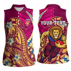 Personalized Brisbane Lions Women Sleeveless Polo Shirt Polynesian Tribal Lion Mascot With Hibiscus Floral Art