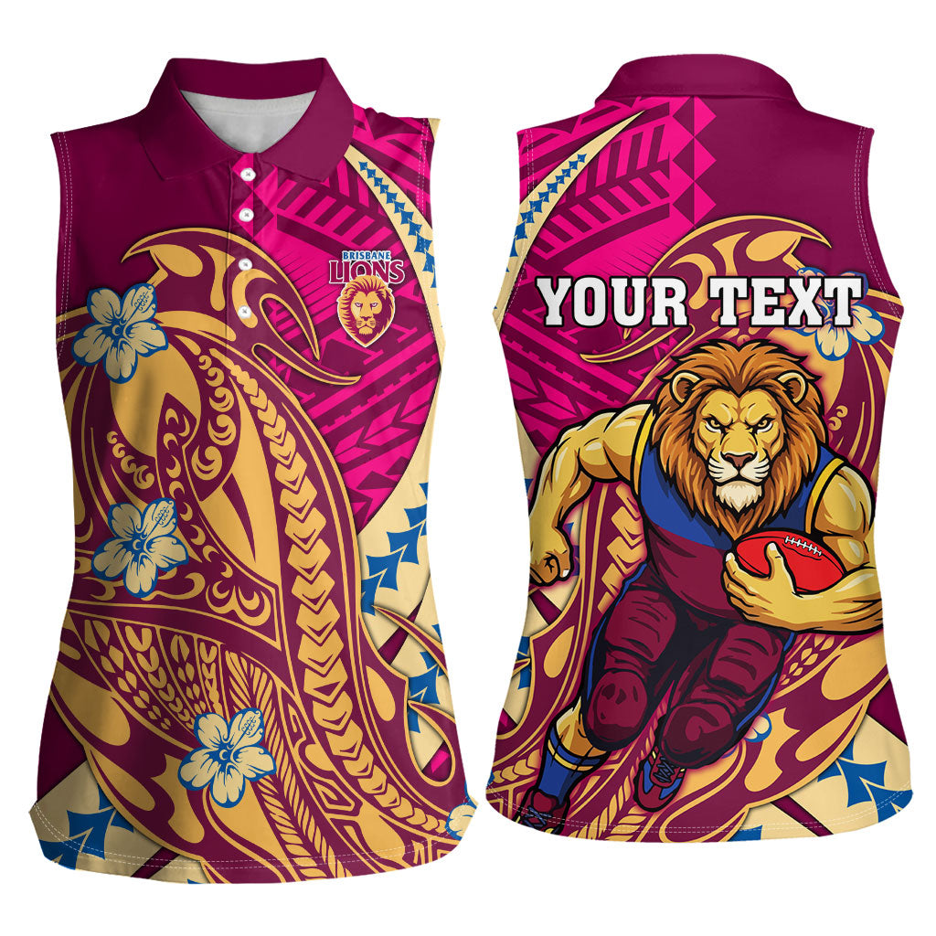 Personalized Brisbane Lions Women Sleeveless Polo Shirt Polynesian Tribal Lion Mascot With Hibiscus Floral Art