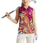 Personalized Brisbane Lions Women Sleeveless Polo Shirt Polynesian Tribal Lion Mascot With Hibiscus Floral Art