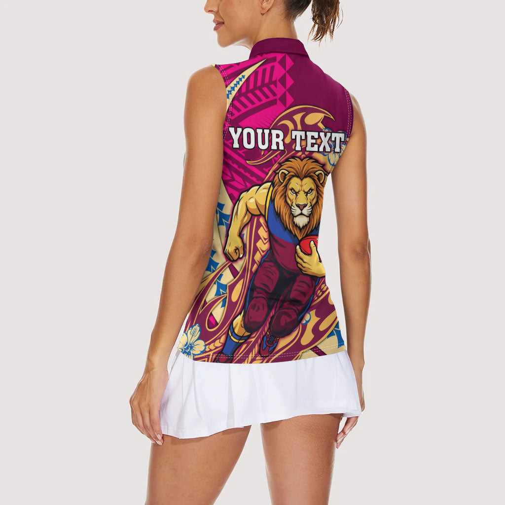 Personalized Brisbane Lions Women Sleeveless Polo Shirt Polynesian Tribal Lion Mascot With Hibiscus Floral Art