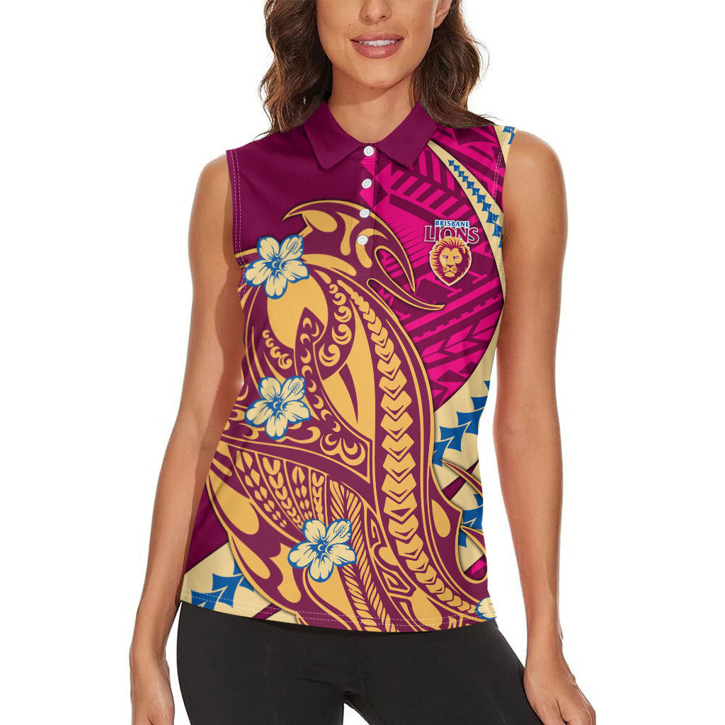 Personalized Brisbane Lions Women Sleeveless Polo Shirt Polynesian Tribal Lion Mascot With Hibiscus Floral Art