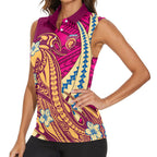Personalized Brisbane Lions Women Sleeveless Polo Shirt Polynesian Tribal Lion Mascot With Hibiscus Floral Art