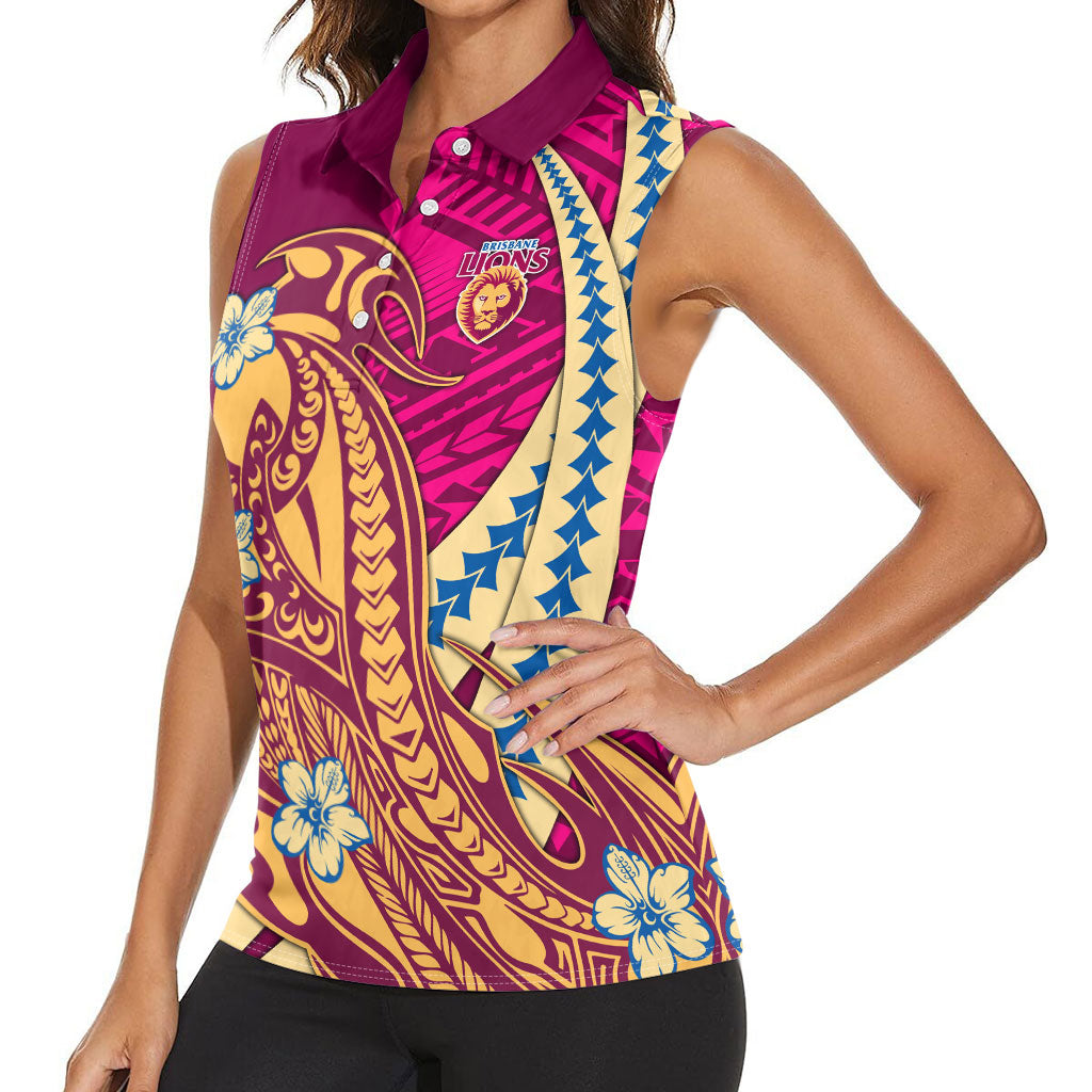 Personalized Brisbane Lions Women Sleeveless Polo Shirt Polynesian Tribal Lion Mascot With Hibiscus Floral Art