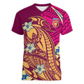 Personalized Brisbane Lions Women V-Neck T-Shirt Polynesian Tribal Lion Mascot With Hibiscus Floral Art