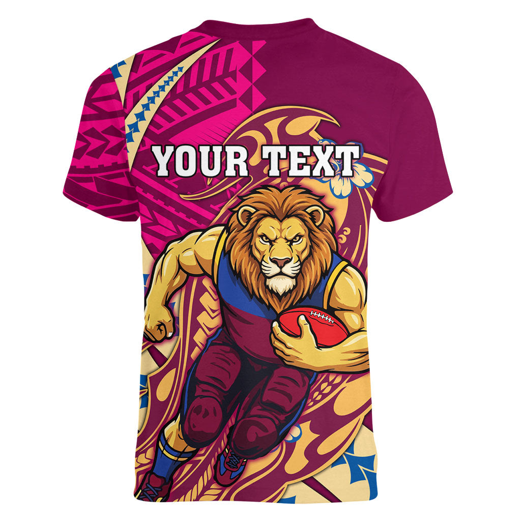 Personalized Brisbane Lions Women V-Neck T-Shirt Polynesian Tribal Lion Mascot With Hibiscus Floral Art