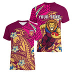 Personalized Brisbane Lions Women V-Neck T-Shirt Polynesian Tribal Lion Mascot With Hibiscus Floral Art