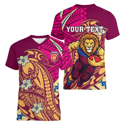 Personalized Brisbane Lions Women V-Neck T-Shirt Polynesian Tribal Lion Mascot With Hibiscus Floral Art