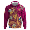 Personalized Brisbane Lions Zip Hoodie Polynesian Tribal Lion Mascot With Hibiscus Floral Art