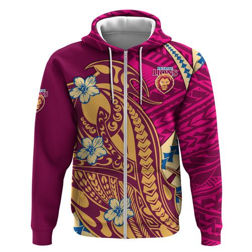 Personalized Brisbane Lions Zip Hoodie Polynesian Tribal Lion Mascot With Hibiscus Floral Art