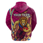 Personalized Brisbane Lions Zip Hoodie Polynesian Tribal Lion Mascot With Hibiscus Floral Art