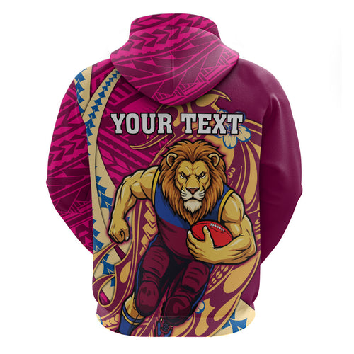 Personalized Brisbane Lions Zip Hoodie Polynesian Tribal Lion Mascot With Hibiscus Floral Art