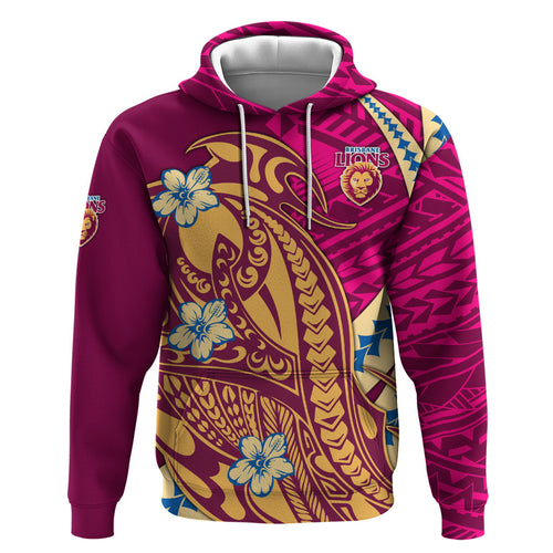 Personalized Brisbane Lions Zip Hoodie Polynesian Tribal Lion Mascot With Hibiscus Floral Art