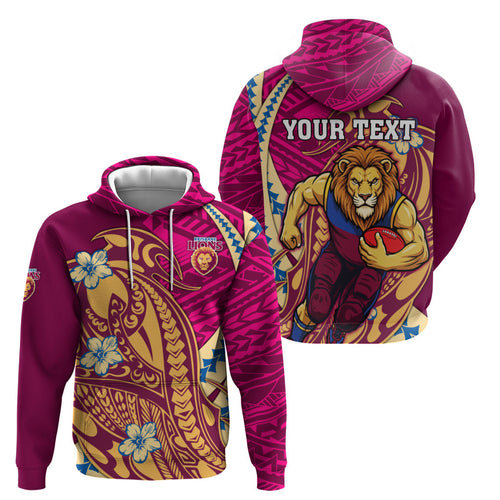 Personalized Brisbane Lions Zip Hoodie Polynesian Tribal Lion Mascot With Hibiscus Floral Art