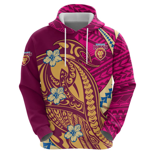 Personalized Brisbane Lions Zip Hoodie Polynesian Tribal Lion Mascot With Hibiscus Floral Art