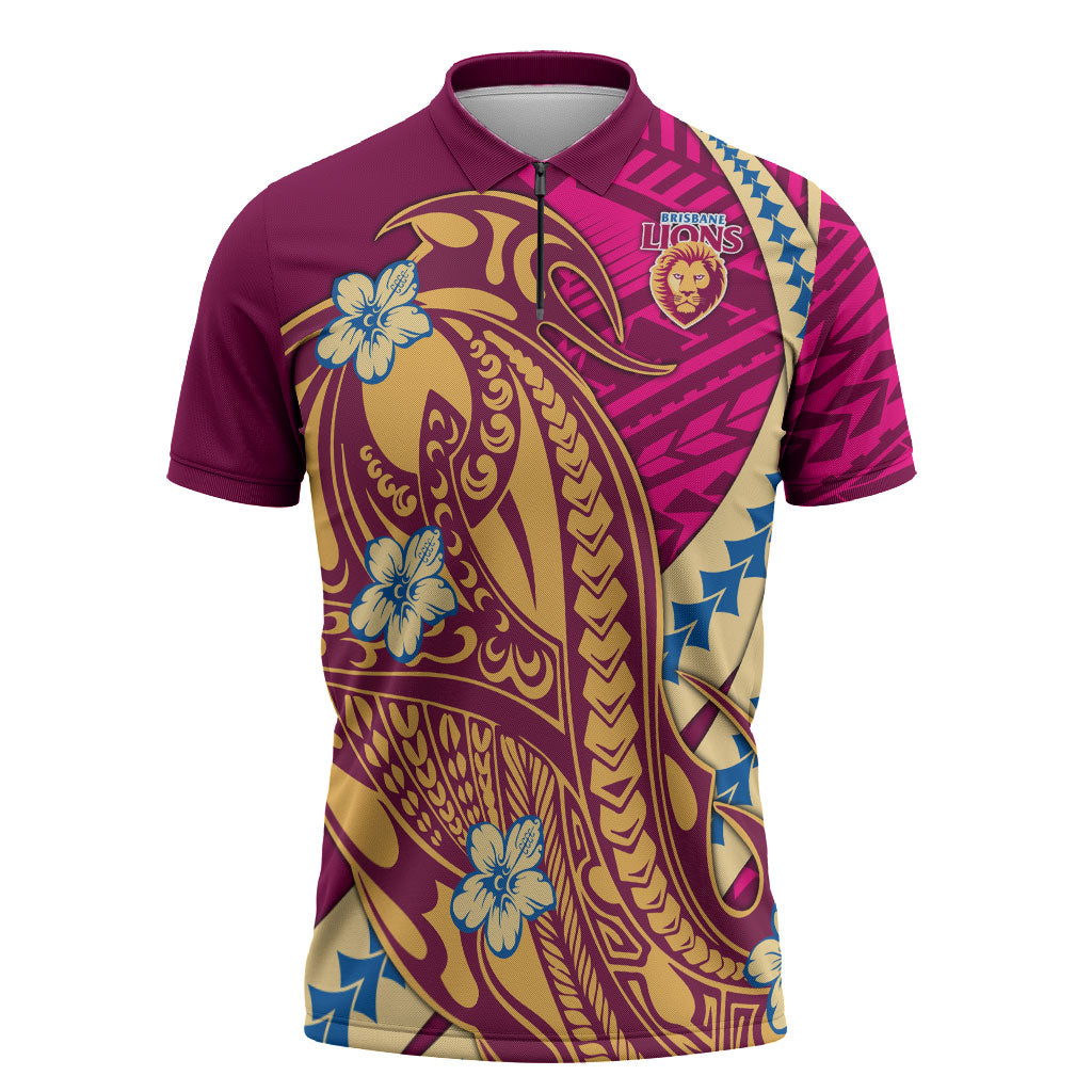 Personalized Brisbane Lions Zipper Polo Shirt Polynesian Tribal Lion Mascot With Hibiscus Floral Art