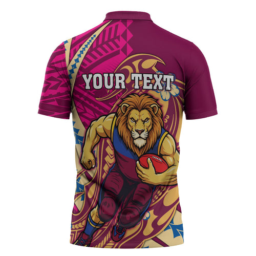Personalized Brisbane Lions Zipper Polo Shirt Polynesian Tribal Lion Mascot With Hibiscus Floral Art