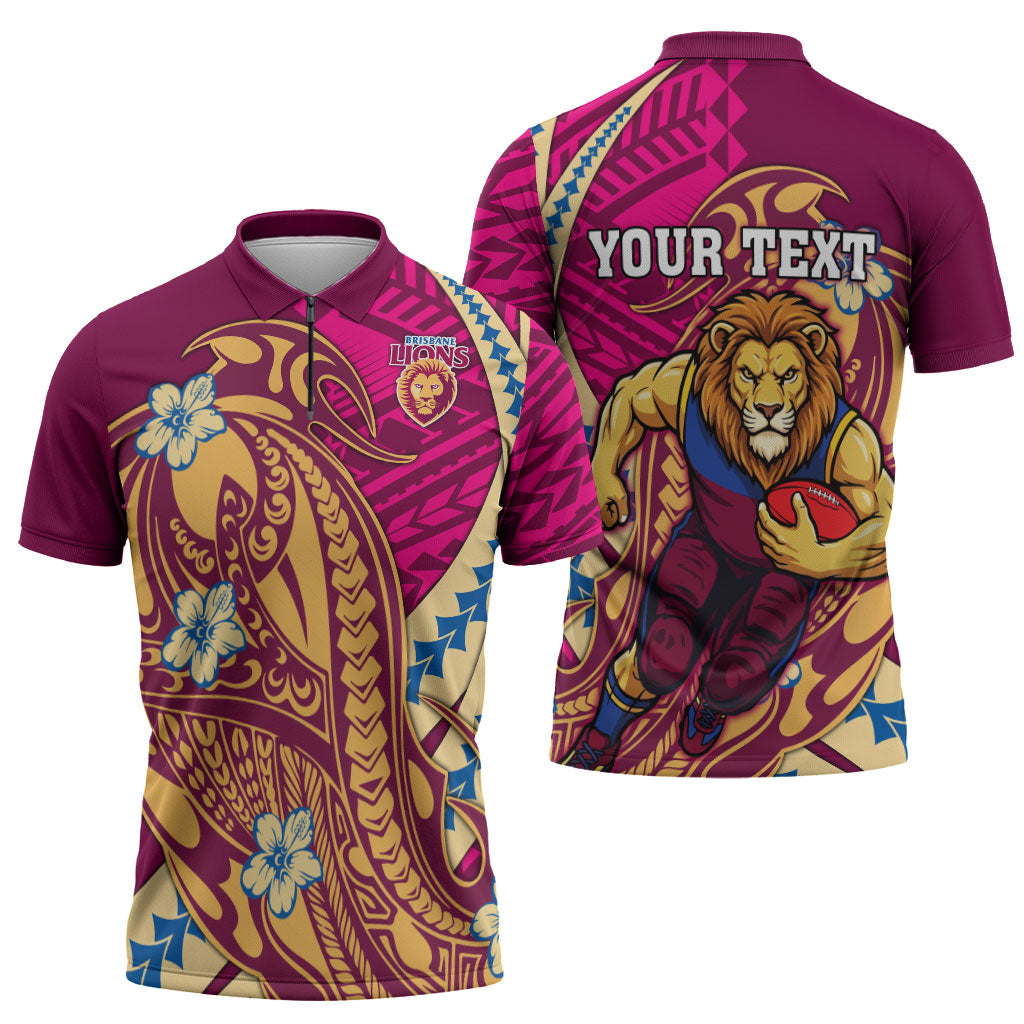 Personalized Brisbane Lions Zipper Polo Shirt Polynesian Tribal Lion Mascot With Hibiscus Floral Art