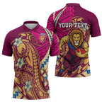Personalized Brisbane Lions Zipper Polo Shirt Polynesian Tribal Lion Mascot With Hibiscus Floral Art