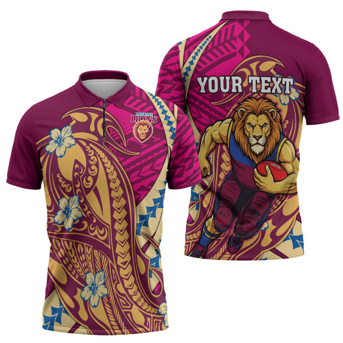 Personalized Brisbane Lions Zipper Polo Shirt Polynesian Tribal Lion Mascot With Hibiscus Floral Art