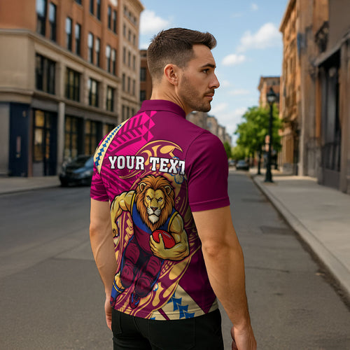 Personalized Brisbane Lions Zipper Polo Shirt Polynesian Tribal Lion Mascot With Hibiscus Floral Art