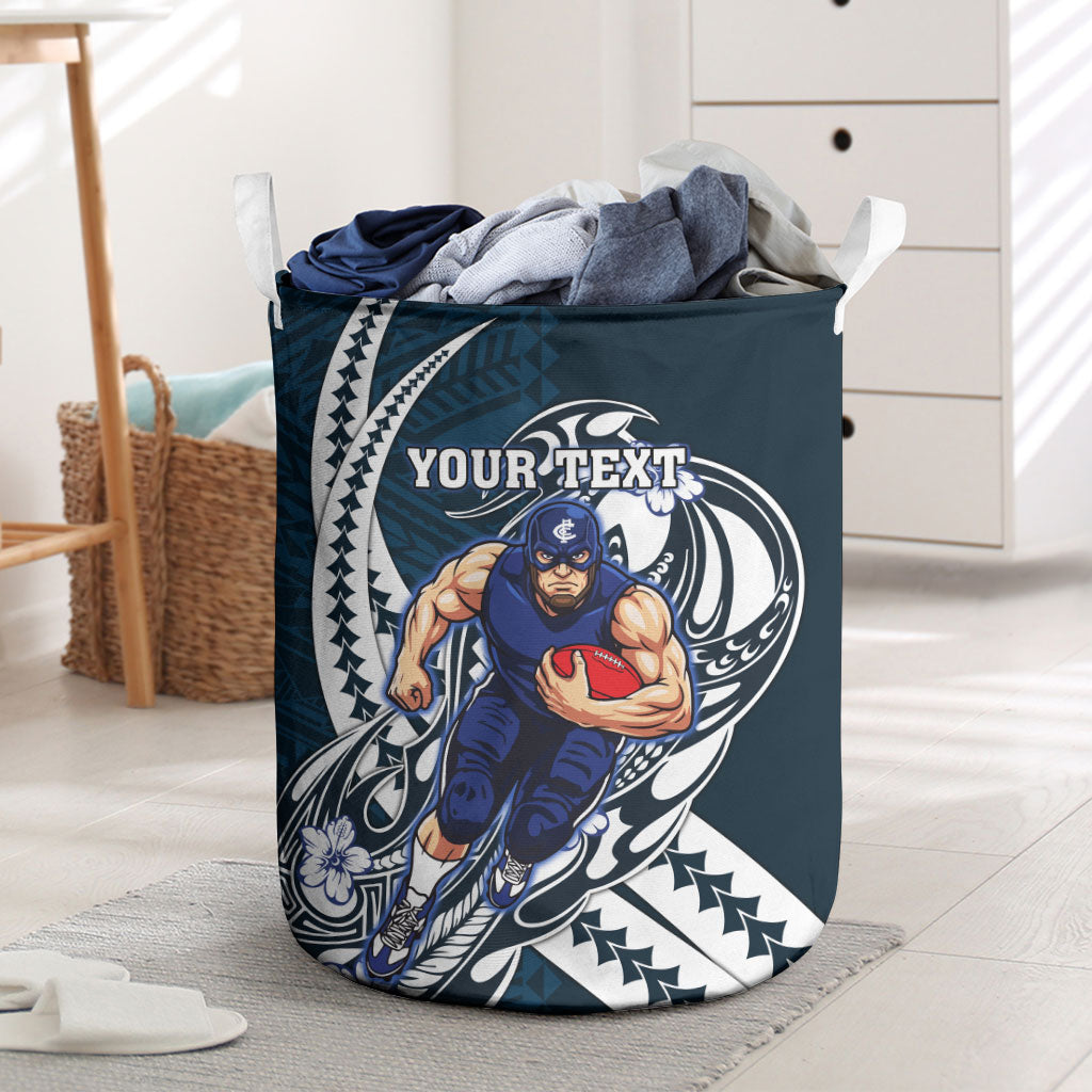 Personalized Carlton Blues Laundry Basket Polynesian Tribal Baggers Mascot With Hibiscus Floral Art
