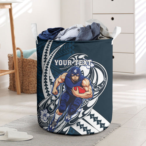 Personalized Carlton Blues Laundry Basket Polynesian Tribal Baggers Mascot With Hibiscus Floral Art