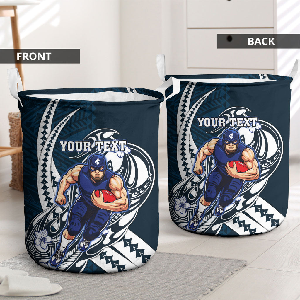 Personalized Carlton Blues Laundry Basket Polynesian Tribal Baggers Mascot With Hibiscus Floral Art