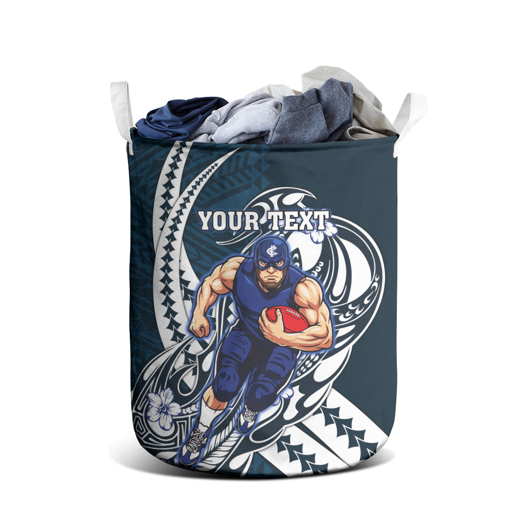 Personalized Carlton Blues Laundry Basket Polynesian Tribal Baggers Mascot With Hibiscus Floral Art