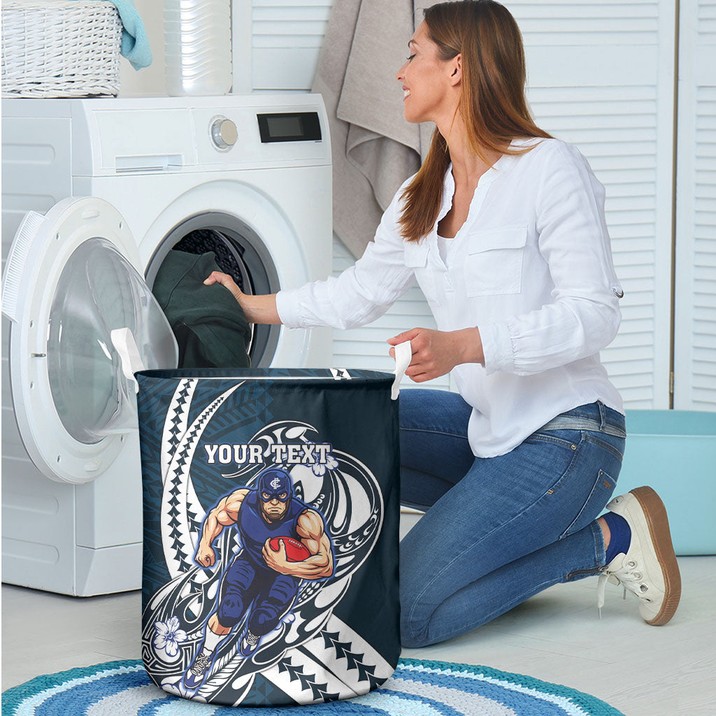 Personalized Carlton Blues Laundry Basket Polynesian Tribal Baggers Mascot With Hibiscus Floral Art