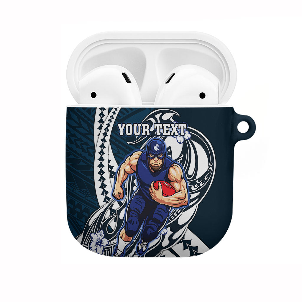 Personalized Carlton Blues AirPods Case Polynesian Tribal Baggers Mascot With Hibiscus Floral Art