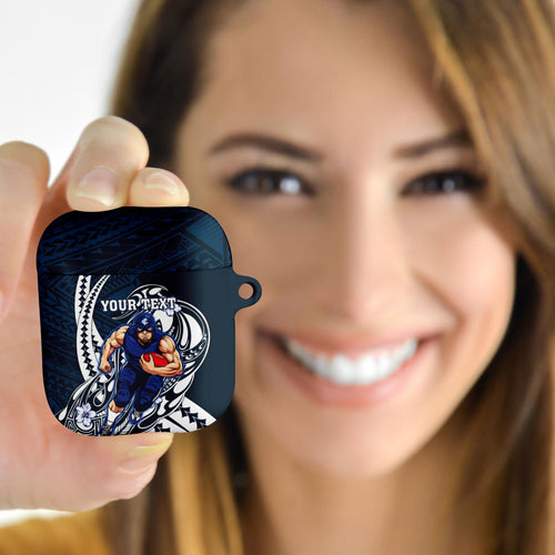 Personalized Carlton Blues AirPods Case Polynesian Tribal Baggers Mascot With Hibiscus Floral Art
