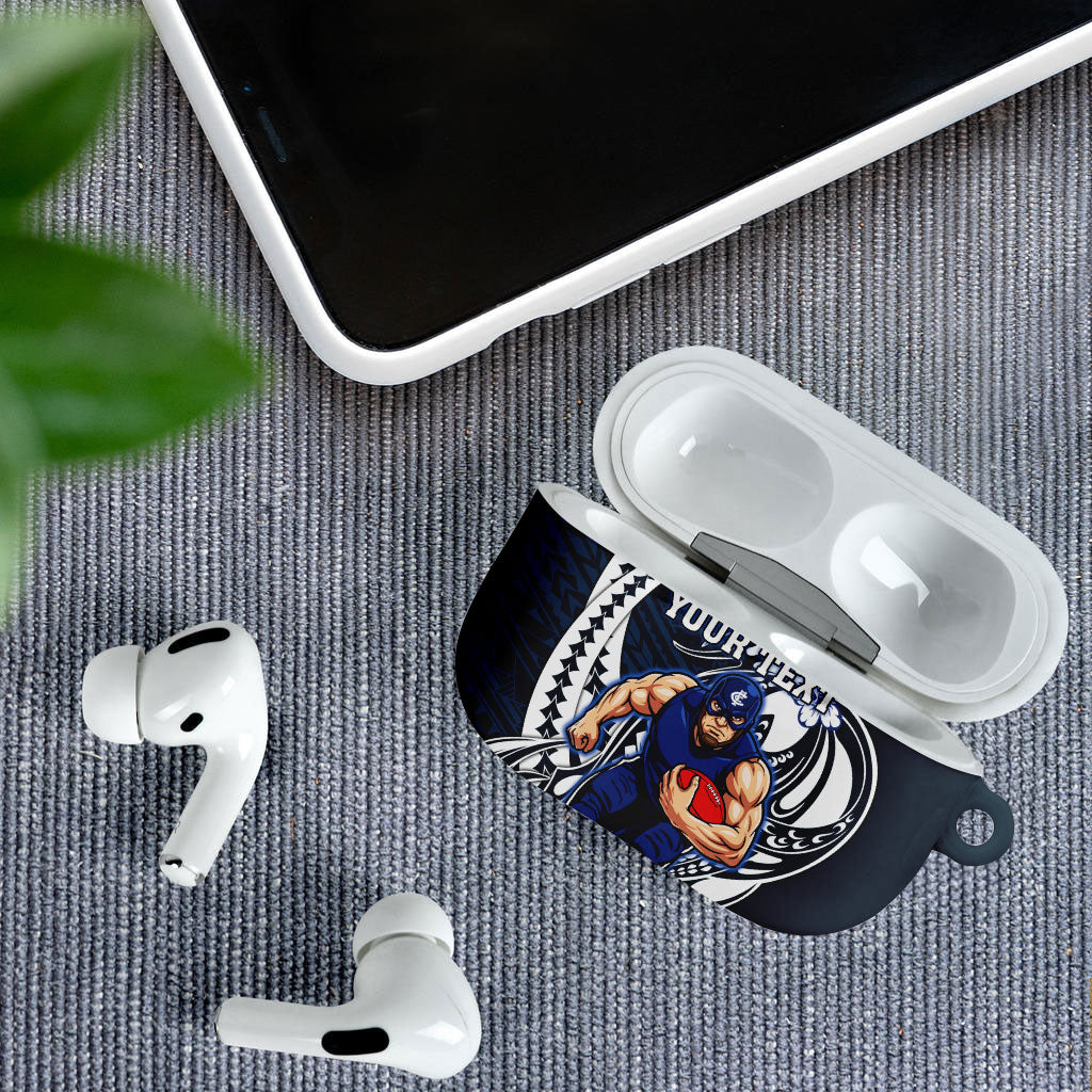 Personalized Carlton Blues AirPods Case Polynesian Tribal Baggers Mascot With Hibiscus Floral Art