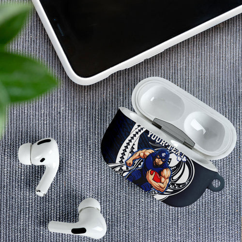 Personalized Carlton Blues AirPods Case Polynesian Tribal Baggers Mascot With Hibiscus Floral Art