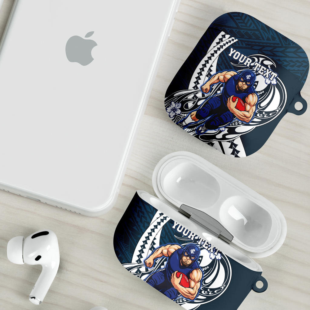 Personalized Carlton Blues AirPods Case Polynesian Tribal Baggers Mascot With Hibiscus Floral Art