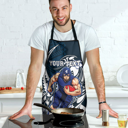 Personalized Carlton Blues Apron Polynesian Tribal Baggers Mascot With Hibiscus Floral Art