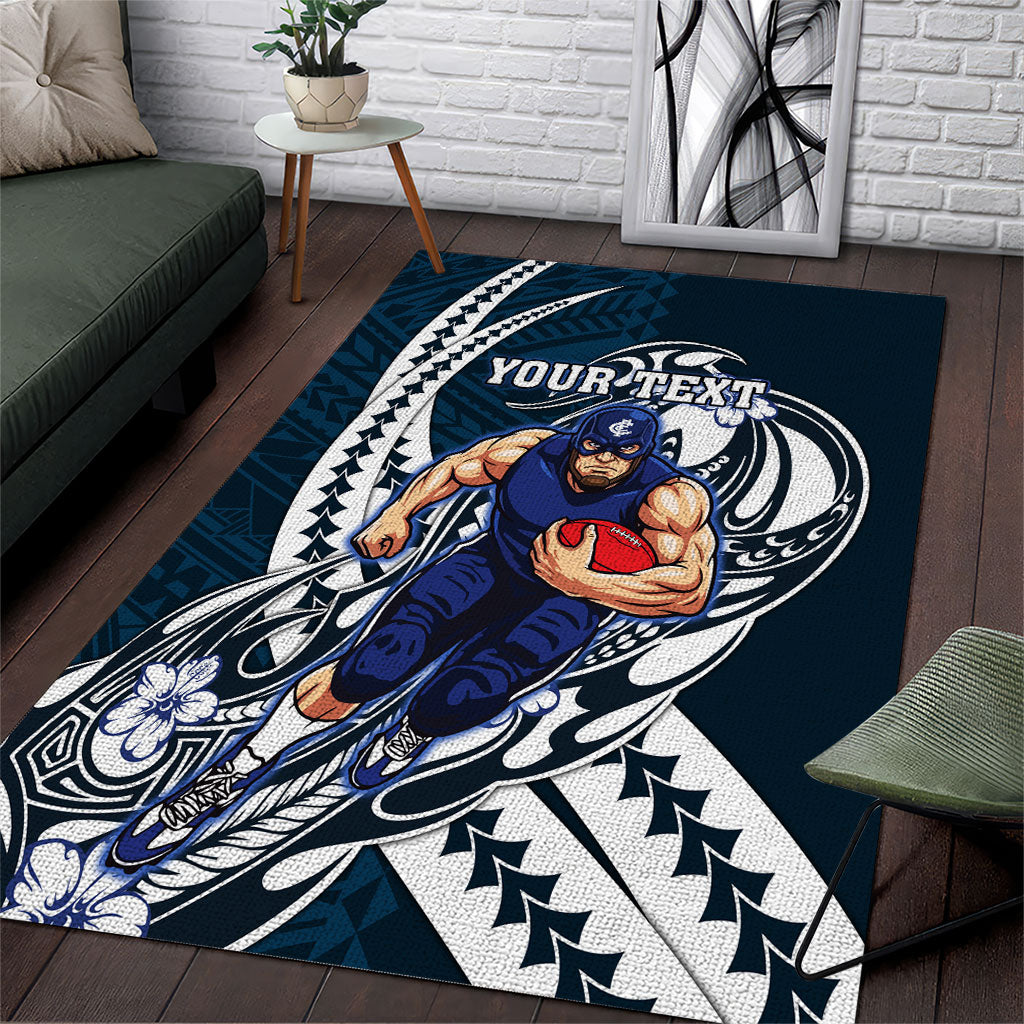 Personalized Carlton Blues Area Rug Polynesian Tribal Baggers Mascot With Hibiscus Floral Art