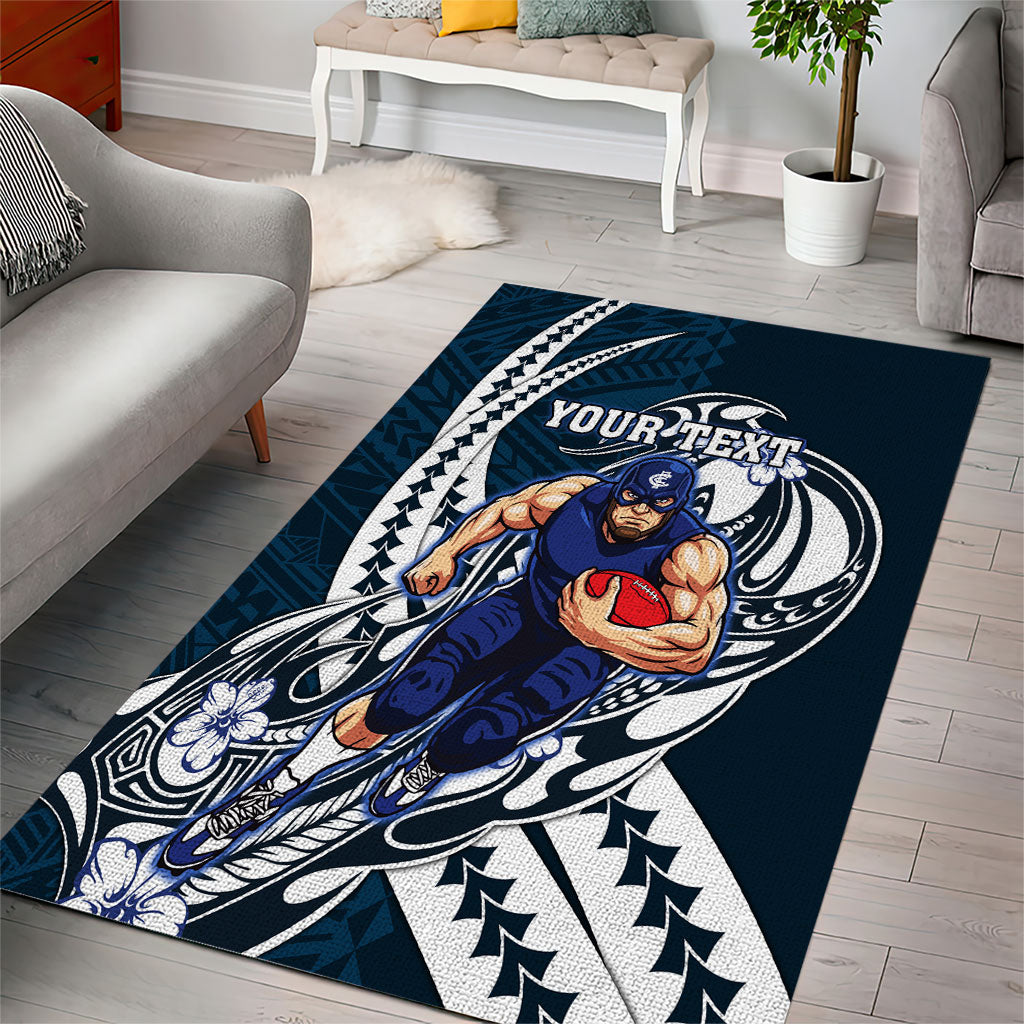 Personalized Carlton Blues Area Rug Polynesian Tribal Baggers Mascot With Hibiscus Floral Art