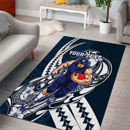 Personalized Carlton Blues Area Rug Polynesian Tribal Baggers Mascot With Hibiscus Floral Art