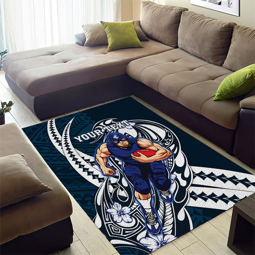 Personalized Carlton Blues Area Rug Polynesian Tribal Baggers Mascot With Hibiscus Floral Art