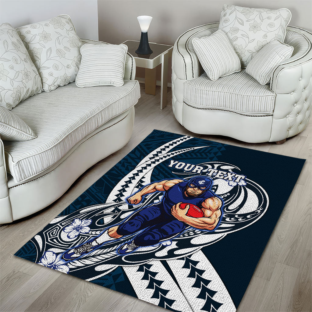 Personalized Carlton Blues Area Rug Polynesian Tribal Baggers Mascot With Hibiscus Floral Art