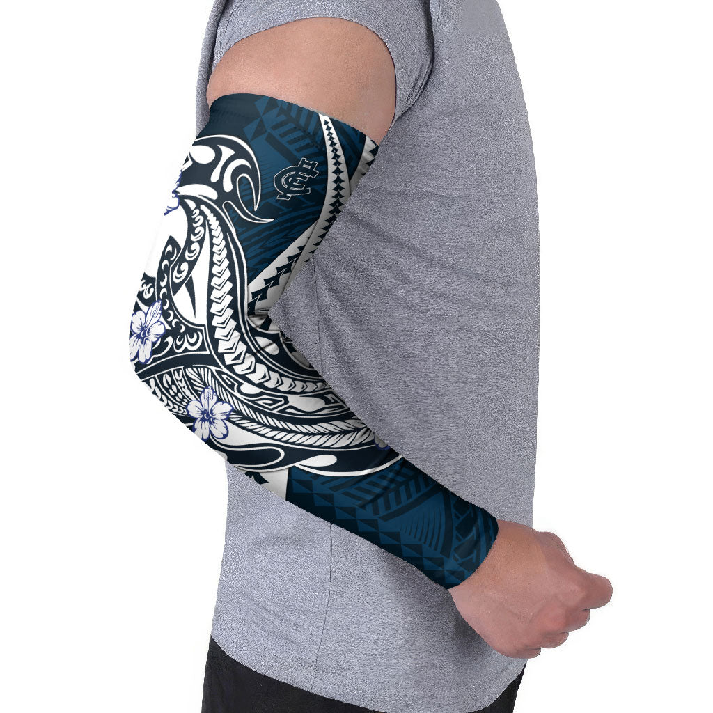 Personalized Carlton Blues Arm Sleeves Polynesian Tribal Baggers Mascot With Hibiscus Floral Art