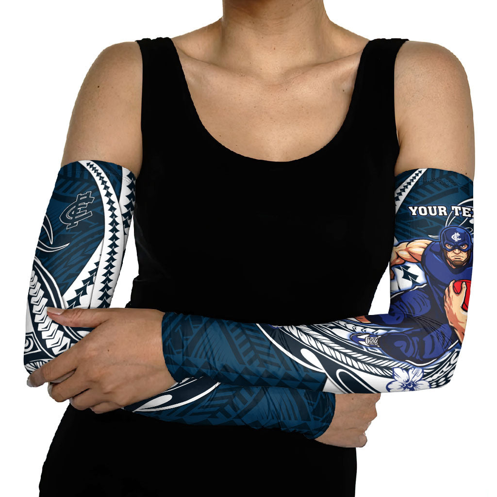 Personalized Carlton Blues Arm Sleeves Polynesian Tribal Baggers Mascot With Hibiscus Floral Art