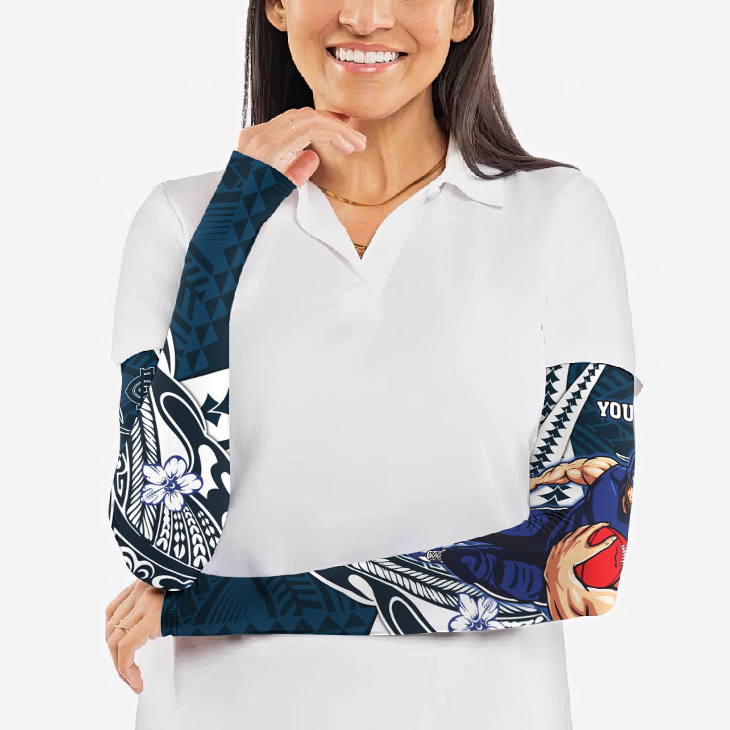 Personalized Carlton Blues Arm Sleeves Polynesian Tribal Baggers Mascot With Hibiscus Floral Art