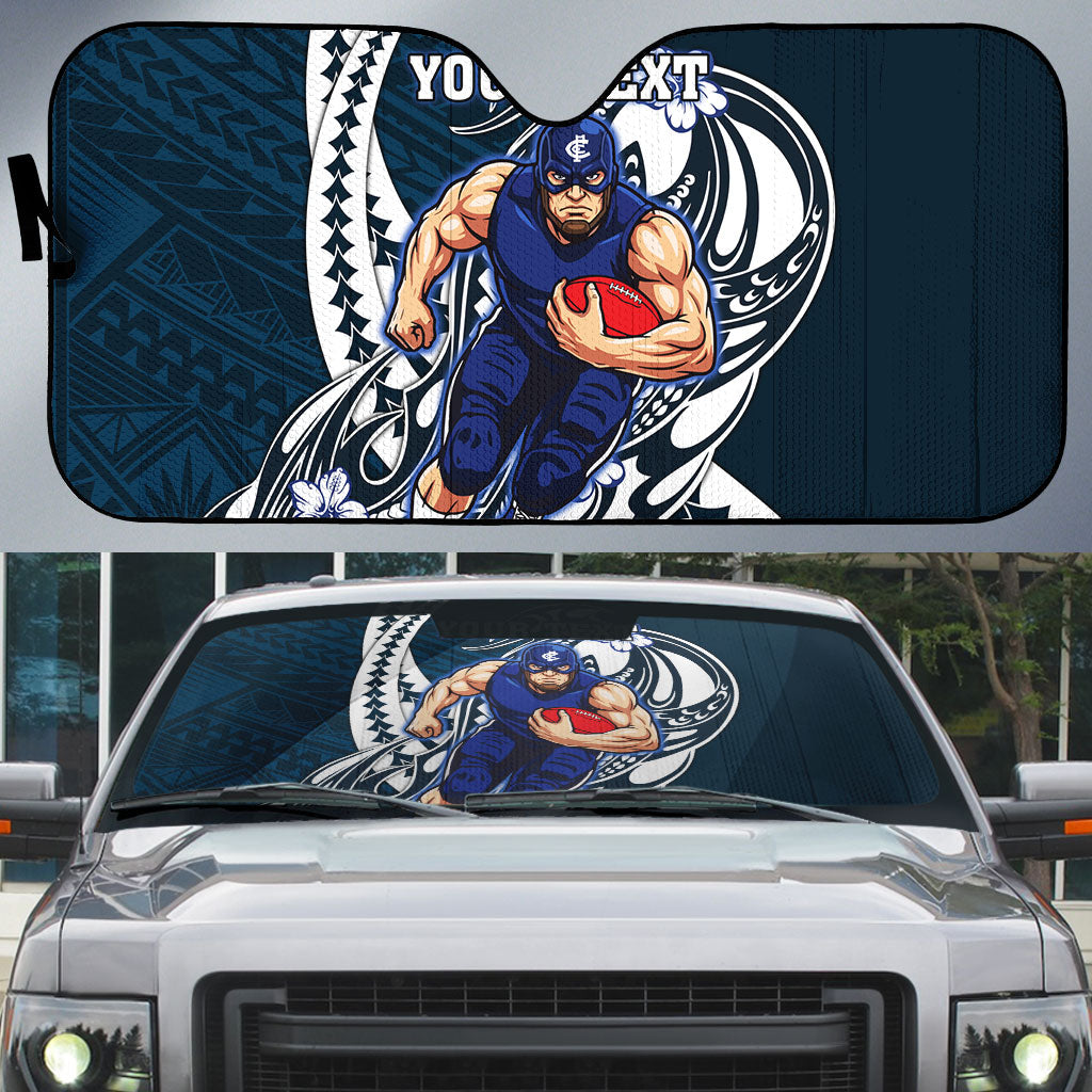 Personalized Carlton Blues Auto Sun Shade Polynesian Tribal Baggers Mascot With Hibiscus Floral Art