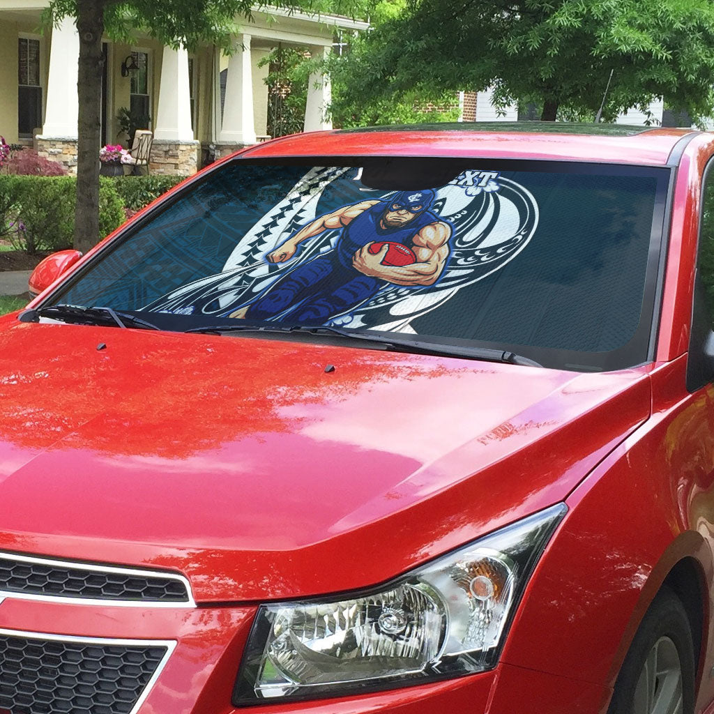 Personalized Carlton Blues Auto Sun Shade Polynesian Tribal Baggers Mascot With Hibiscus Floral Art