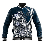 Personalized Carlton Blues Baseball Jacket Polynesian Tribal Baggers Mascot With Hibiscus Floral Art