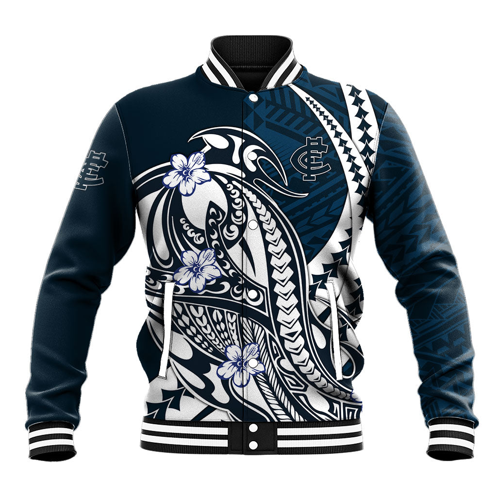 Personalized Carlton Blues Baseball Jacket Polynesian Tribal Baggers Mascot With Hibiscus Floral Art